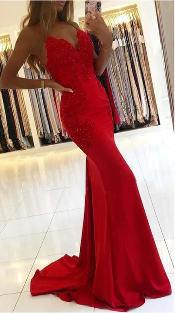 Red Mermaid Long Prom Dresses with Appliques and Beading HZ1023